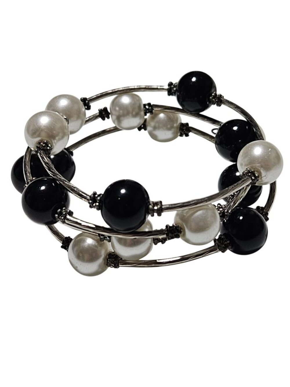 Elegant Coil Bracelet Black White Faux Pearl Memory Wire Stacked Fashion Jewelry
